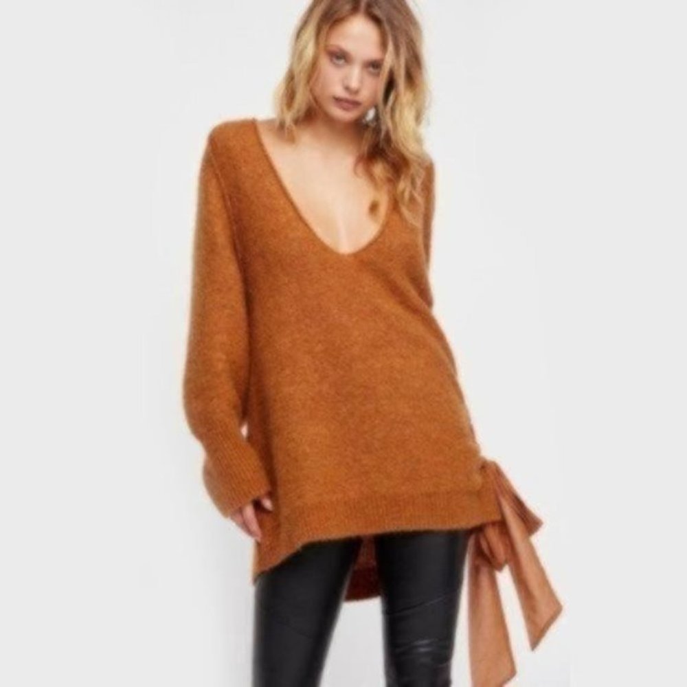 Free People Brown Be Mine V Neck Oversized Tunic Sweater XS